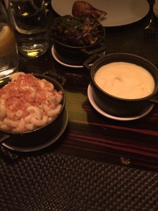 Side dishes: Mac and Cheese, Mashed Potatoes, and Mushrooms.